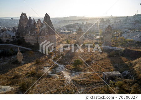 View of stone formations in Cappadocia valley. View of stone formations in Cappadocia valley. 70500327