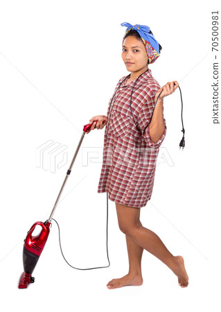 A young woman with a vacuum cleaner on a white background A young woman with a vacuum cleaner on a white background 70500981
