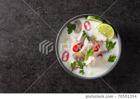 Traditional Thai food Tom Kha Gai on black stone Traditional Thai food Tom Kha Gai on black stone 70501354