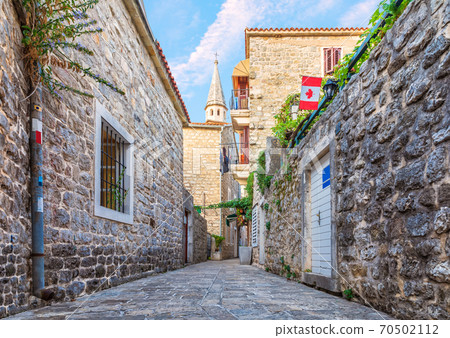 Famous narrow european streets of Budva, Montenegro Famous narrow european streets of Budva, Montenegro 70502112