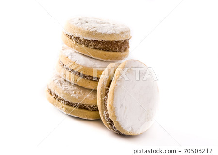 Traditional Argentinian alfajores with dulce de leche and sugar isolated on white background Traditional Argentinian alfajores with dulce de leche and sugar isolated on white background 70503212