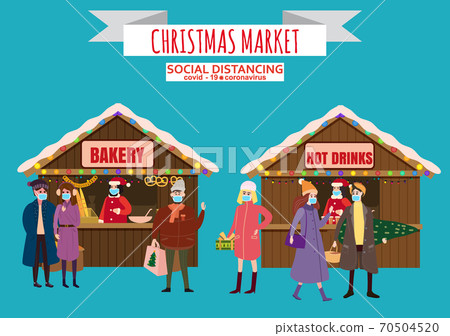 Christmas Market holiday fairs or festive on city square. In conditions of the COVID 2019 pandemic sellers in medical masks, Social distancing. People walk and buy between canopy, stalls bakery hot Christmas Market holiday fairs or festive on city square. In conditions of the COVID 2019 pandemic sellers in medical masks, Social distancing. People walk and buy between canopy, stalls bakery hot 70504520