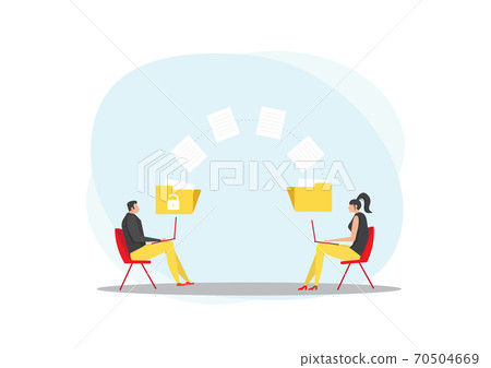 man and woman transmits folders with files. Transferred documents. man and woman transmits folders with files. Transferred documents. 70504669