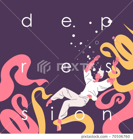 Depression concept illustration with man sinks in the water and octopus that pulls him to depth. Lowercase lettering 70506760