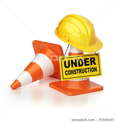 Under construction sign board, traffic cones and hard hat, 3d rendering 70506935