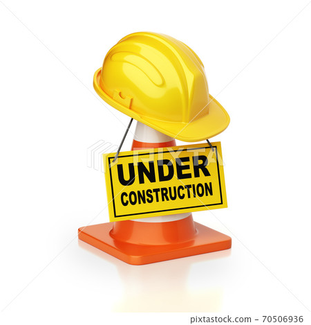 Under construction sign board, traffic cone and hard hat, 3d rendering Under construction sign board, traffic cone and hard hat, 3d rendering 70506936