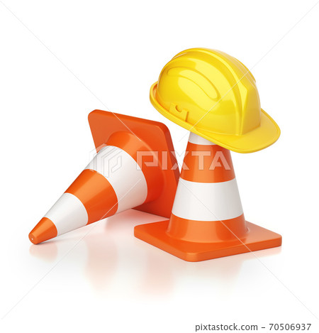 Under construction concept, traffic cones and hard hat, 3d rendering 70506937
