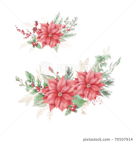 Watercolor Christmas Floral Arrangement, Poinsettia, Flowers