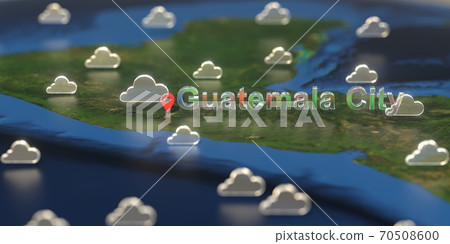 Cloudy weather icons near Guatemala City on the map, weather forecast related 3D rendering Cloudy weather icons near Guatemala City on the map, weather forecast related 3D rendering 70508600