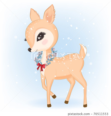 Deer with wreath Christmas in winter and Christmas illustration. Deer with wreath Christmas in winter and Christmas illustration. 70511553