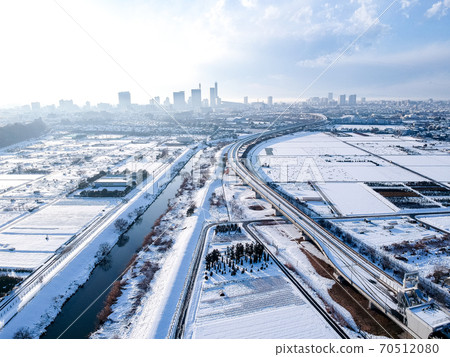 Aerial view of the snowy landscape of Minuma rice fields in Saitama Prefecture 70512080