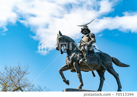 Aoba Castle Ruins, Statue of Masamune Date in the Blue Sky Miyagi Sendai Aoba Castle Ruins, Statue of Masamune Date in the Blue Sky Miyagi Sendai 70513394