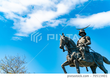 Aoba Castle Ruins, Statue of Masamune Date in the Blue Sky Miyagi Sendai 70513401