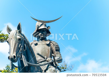 Aoba Castle Ruins, Statue of Masamune Date in the Blue Sky Miyagi Sendai Aoba Castle Ruins, Statue of Masamune Date in the Blue Sky Miyagi Sendai 70513504