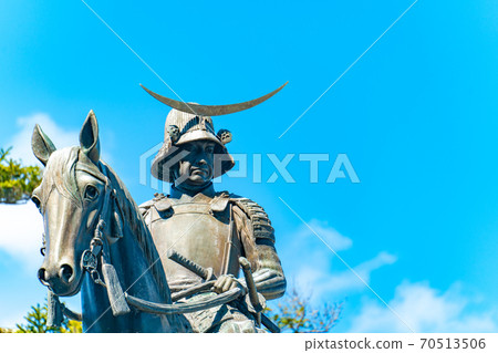 Aoba Castle Ruins, Statue of Masamune Date in the Blue Sky Miyagi Sendai Aoba Castle Ruins, Statue of Masamune Date in the Blue Sky Miyagi Sendai 70513506