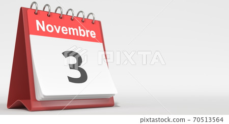 November 3 date written in French on the flip calendar page, 3d rendering 70513564