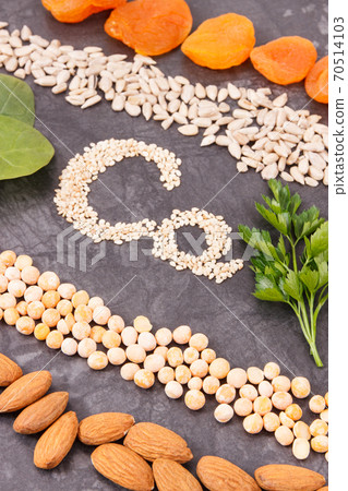 Different ingredients as source calcium, minerals and fiber. Healthy lifestyle and nutrition concept Different ingredients as source calcium, minerals and fiber. Healthy lifestyle and nutrition concept 70514103