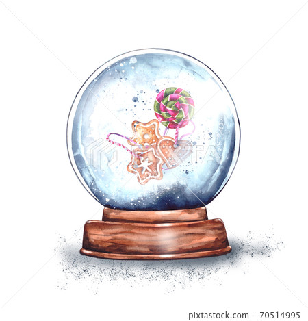 Watercolor illustration: a magic Christmas glass snow globe on a wooden stand with gingerbread and a Lollipop inside.New year's surprise, gift from Santa Claus, snow souvenir.isolated on a white 70514995
