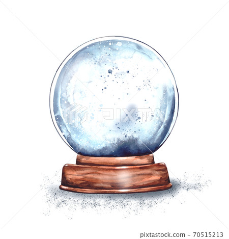 Watercolor illustration: magic Christmas glass snow globe on a wooden stand empty inside.New year's surprise, gift from Santa Claus, snow souvenir.isolated on a white background Watercolor illustration: magic Christmas glass snow globe on a wooden stand empty inside.New year's surprise, gift from Santa Claus, snow souvenir.isolated on a white background 70515213