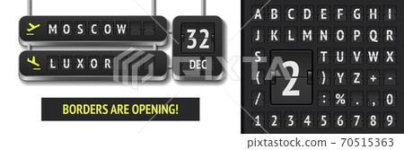 3D departure scoreboard. Vector flip airport board template with date of flight. Airport alphabet board with destinations in Moscow and Luxor. 70515363