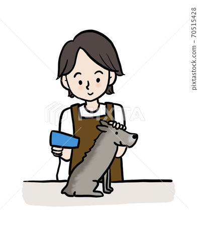 把烘乾機放在狗上的修剪人的插圖 把烘乾機放在狗上的修剪人的插圖 70515428