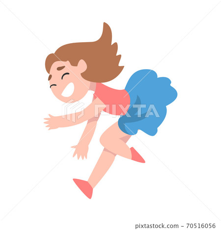 Little Girl Happily Jumping, Smiling Preschooler Kid Having Fun Cartoon Style Vector Illustration I 70516056
