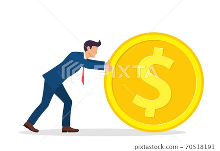 Businessman pushing large golden coin. 70518191