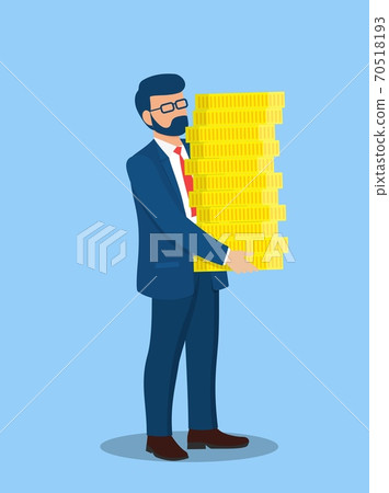 businessman carries big stack of gold coins money. 70518193