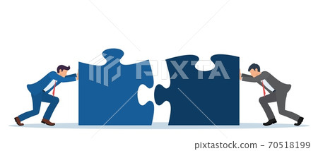 Businessmen pushing two puzzle elements Businessmen pushing two puzzle elements 70518199