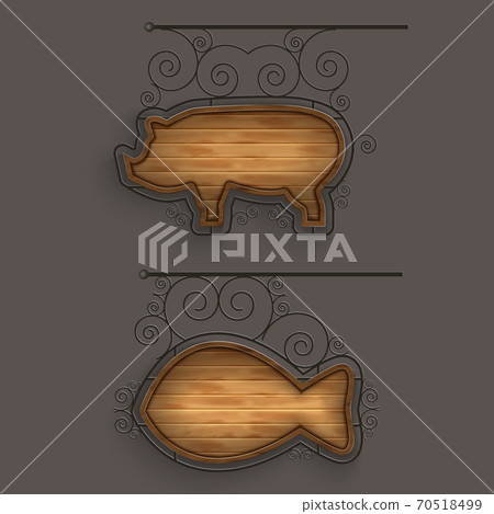 Illuminated Set of Wooden Signboards. Illuminated Set of Wooden Signboards. 70518499