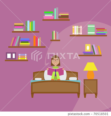 Girl Reading Book Sitting on the Bed. Girl Reading Book Sitting on the Bed. 70518501