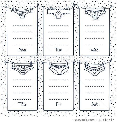 Hand-drawn black and white weekly planner with different underwear. Cute doodle stationery organizer and schedule for daily plans, diary, schedules. Bullet journal style. Hand-drawn black and white weekly planner with different underwear. Cute doodle stationery organizer and schedule for daily plans, diary, schedules. Bullet journal style. 70518717