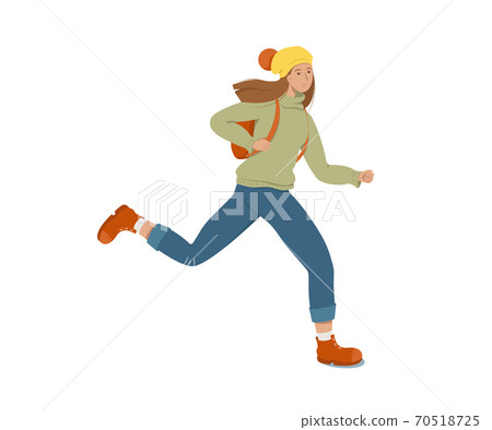 A young female student runs holding a backpack on her back. White background. Flat style vector illustration. 70518725