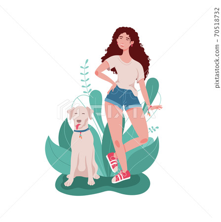 A happy smiling girl with a big dog. Leaves and bushes in the background. A young modern woman in shorts, a t-shirt, and sneakers. Flat vector illustration. 70518732