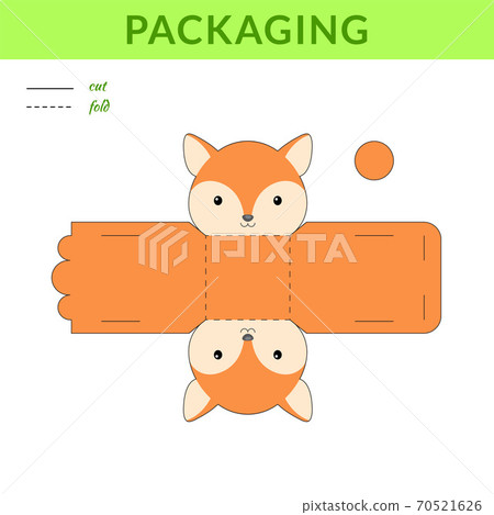 DIY party favor fox box for birthdays, baby showers for sweets, candies, small presents, bakery. Retail box blueprint template. Print, cutout, fold, glue sticker. Vector stock illustration 70521626