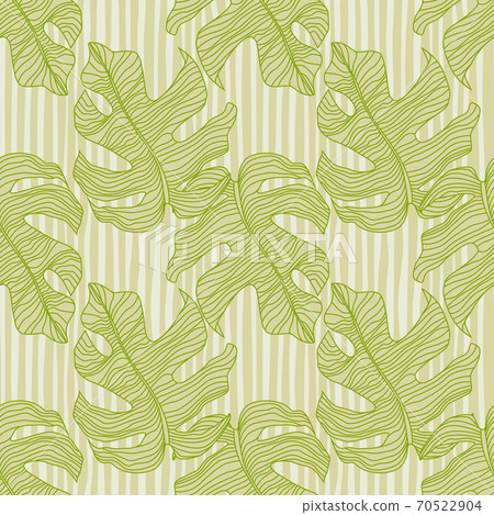 Simple monstera stylized print seamless pattern. Exotic palm foliage print with green outline ornament and grey striped background. Simple monstera stylized print seamless pattern. Exotic palm foliage print with green outline ornament and grey striped background. 70522904