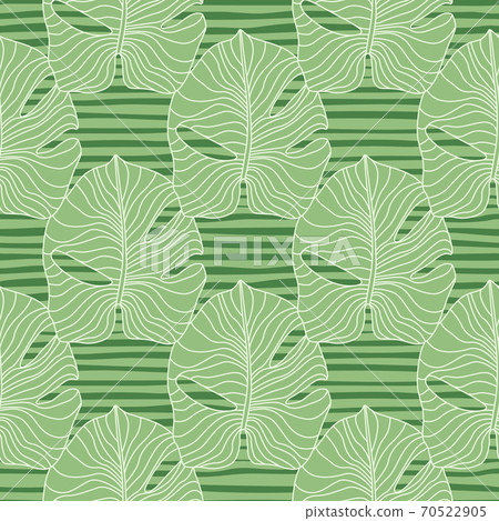 Vintage seamless floral pattern with outline monstera simple ornament. Exotic foliage silhouettes on green striped background. Vintage seamless floral pattern with outline monstera simple ornament. Exotic foliage silhouettes on green striped background. 70522905