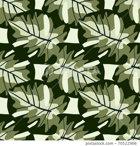 Simple stylized hawaii seamless monstera pattern. Pastel green leaves ornament on background with black and white strips. 70522906
