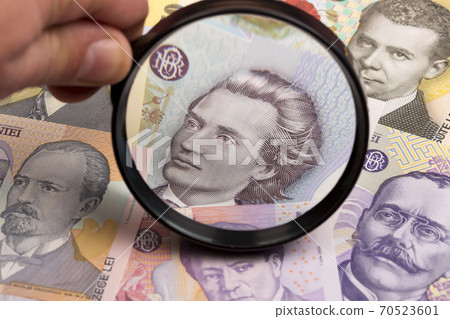 Romanian leu in a magnifying glass 70523601