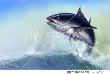Tuna fish in fast motion Realistic. Black fin tuna blue on the background of large waves. 70523902