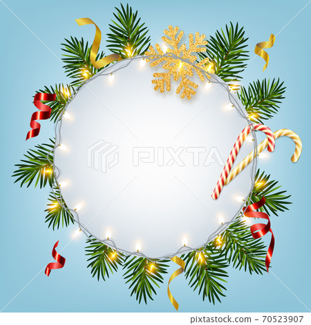 Christmas and New Year background with realistic pine branches, shining garlands, candy canes, serpentine, glitter gold snowflake. Template for New Year greeting card, poster, postcard, banner 70523907