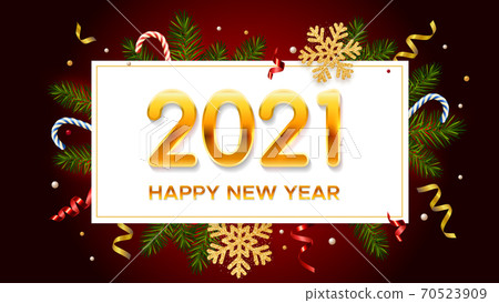 New Years and Christmas background with golden numbers 2021, realistic pine branches, glitter gold snowflakes and tinsel. New Years and Christmas poster, greeting card, banner New Years and Christmas background with golden numbers 2021, realistic pine branches, glitter gold snowflakes and tinsel. New Years and Christmas poster, greeting card, banner 70523909