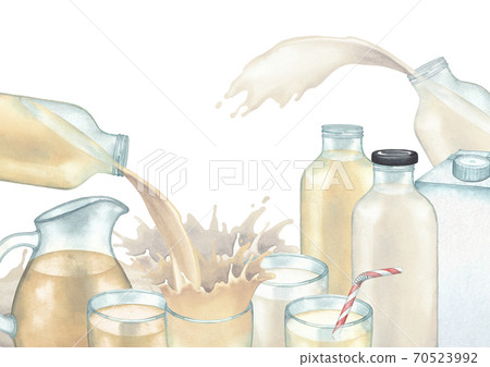 Watercolor collection of the plant based milk in the glasses, jugs and bottles with flows and splashes 70523992