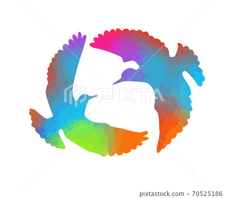 Bird watercolor. A flock of colorful birds. Mixed media. Vector illustration 70525186