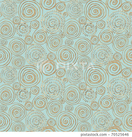 Abstract seamless pattern with 3d golden glittering acrylic paint round spiral circles on pastel green background Abstract seamless pattern with 3d golden glittering acrylic paint round spiral circles on pastel green background 70525646