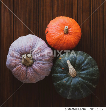 Colorful pumpkins on dark wooden rustic background. 70527117