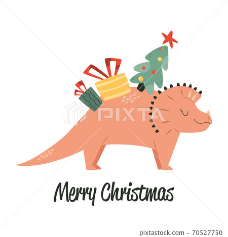 Cute illustration with cheerful triceratops, fir tree and gifts. Funny design for Christmas cards, kids clothing, 70527750