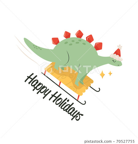 Funny stegosaurus dinosaur sledging and having fun. Winter holiday card. Christmas mood. 70527755
