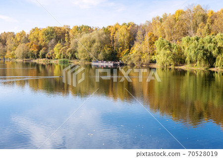 view of calm pond in city park in autumn view of calm pond in city park in autumn 70528019