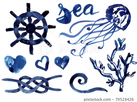 set of nautical elements, drawn with watercolor, sea life, decorations 70528426